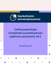 YKN toimipisteet suljettuna 16.5.2025