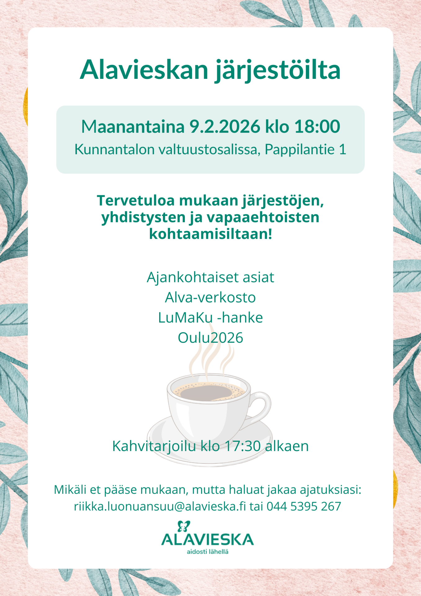 Kuvassa näkyy mainos Alavieskan järjestöillasta